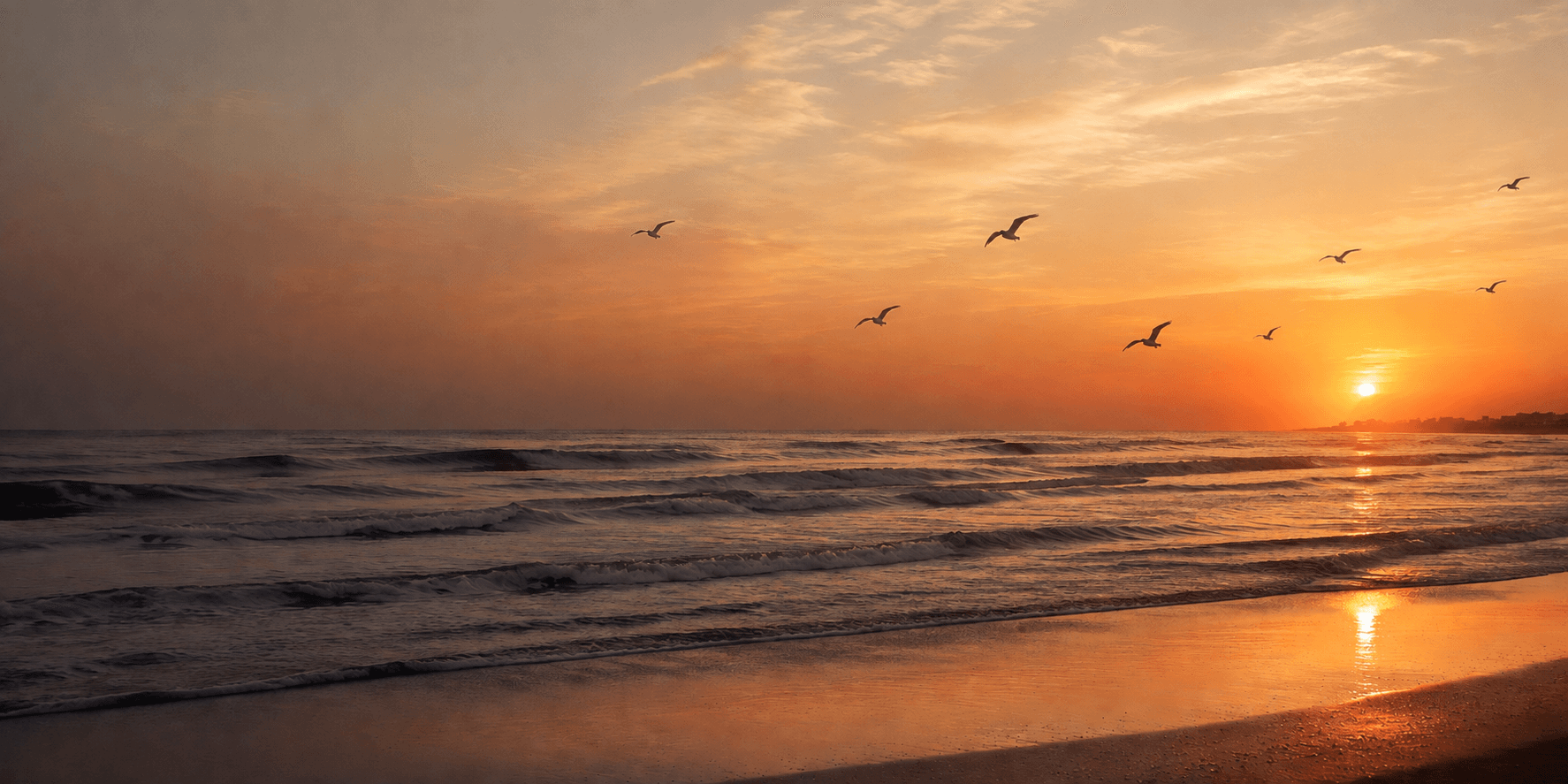 Imagen generada inspirada en la costa de Necochea: atardecer dorado sobre el mar, olas y gaviotas